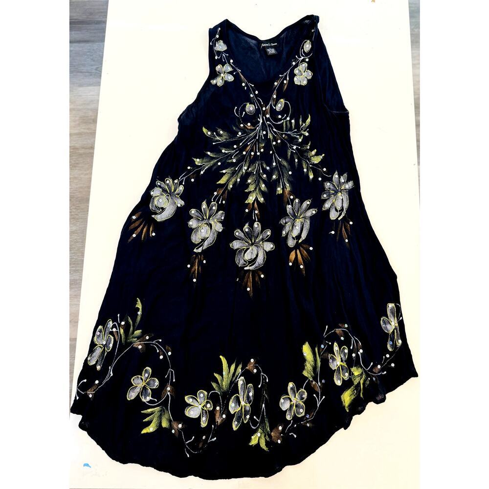 Naina's Dream Hand‎ Painted Dress Women 1X Black Floral Sleeveless Boho Festival